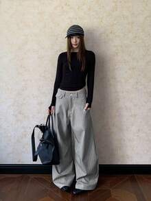 Vintage Old Money Style Versatile Design Striped Colorblock Casual Loose Draped Curved Wide Leg Trousers - Light Grey - View 4