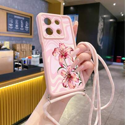 1pc Fashion Striped Pink Floral Pattern With Adjustable Shoulder Strap Hemp Rope Pink Eye Stair Diamond Sand Phone Case For Android S26Ultra S25Ultra S24Ultra S23Ultra/ A54 A55 A57 A37/ Note 14 Pro 5G/HONOR/, Anti-Drop Anti-Slip Phone Protective Shell
