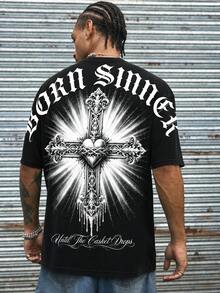 男士美式哥德風 Born Sinner 雕刻十字架印花長袖深色宗教 T-shirt - 黑色 - 查看 4