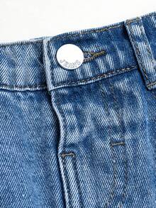 Young Girl 2-8 Years Cute & Simple Denim Hip-Covering Skort, Semi-Elastic Waist With Adjustable Drawstring, Classic Minimalist Style, Loose Fit, Suitable For All Seasons, Acid Wash Denim Skirt Shorts - Medium Wash - View 4