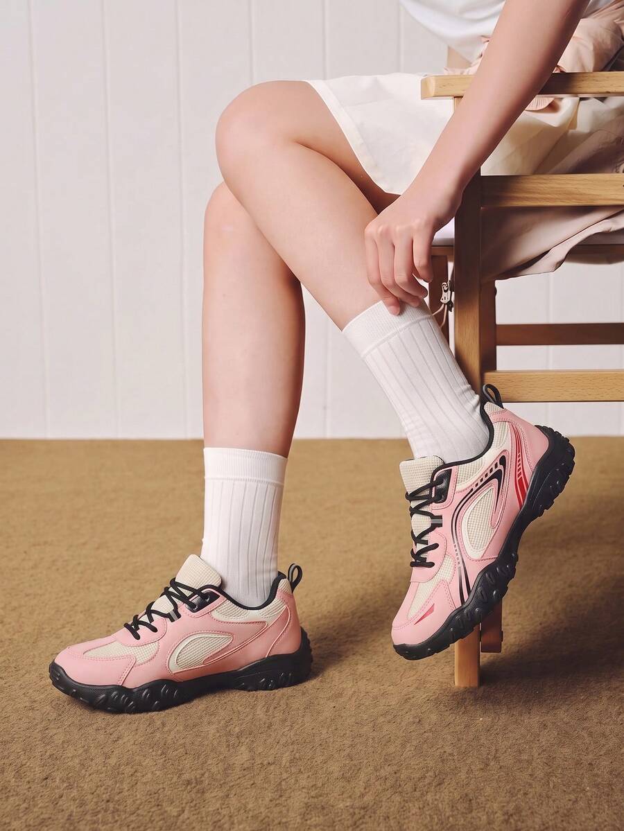 Women's Retro Thick Sole Mesh Patchwork Arch Support Casual Sports Shoes, Comfortable Commuting Lightweight Everyday Versatile Sneakers - Pink - View 1