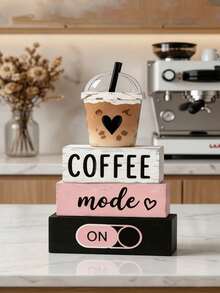 4件組 Coffee Mode ON 3D冰咖啡杯頂飾，鄉村農舍風粉黑咖啡桌裝飾牌，式木製裝飾，適用於分層托盤、咖啡吧、檯面、層架、廚房咖啡區居家裝飾，咖啡吧裝飾，廚房裝飾 - H - 查看 8
