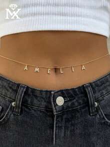 1pc Minimalist Cubic Zirconia Gold Letter Waist Chain, Customized Simple Letter Name Waist Chain, Copper Letter Waist Chain, Fashion Gift For Mother, Friend - Golden - View 3