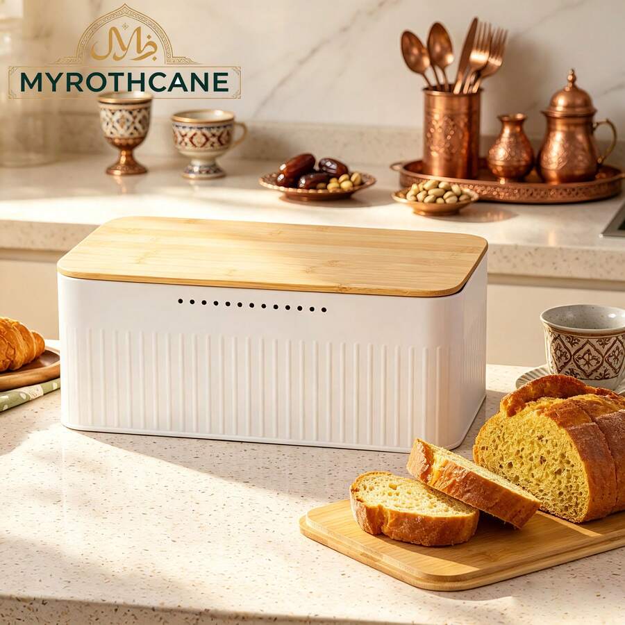Myrothcane Kitchen Countertop Bread Storage Box, Fresh Bread Keeper With Natural Wood Lid, Modern White Food Container, Home Kitchen Organizer