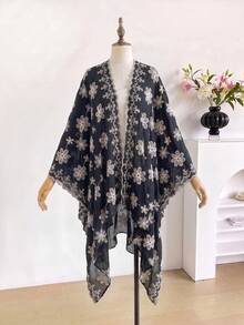 1件式優雅花卉刺繡開襟和服式圍裙女款，春夏波希米亞風外套，海灘度假防曬罩衫，裝飾性刺繡開襟衫，適合日常穿著，完美禮物選擇 - 黑色 - 查看 2
