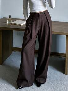 Women's Elegant Brown Woven Wide Leg Pants, Pleated Design, Long Cut, Non-Stretch Fabric, Loose And Comfortable - Rust Brown - View 4