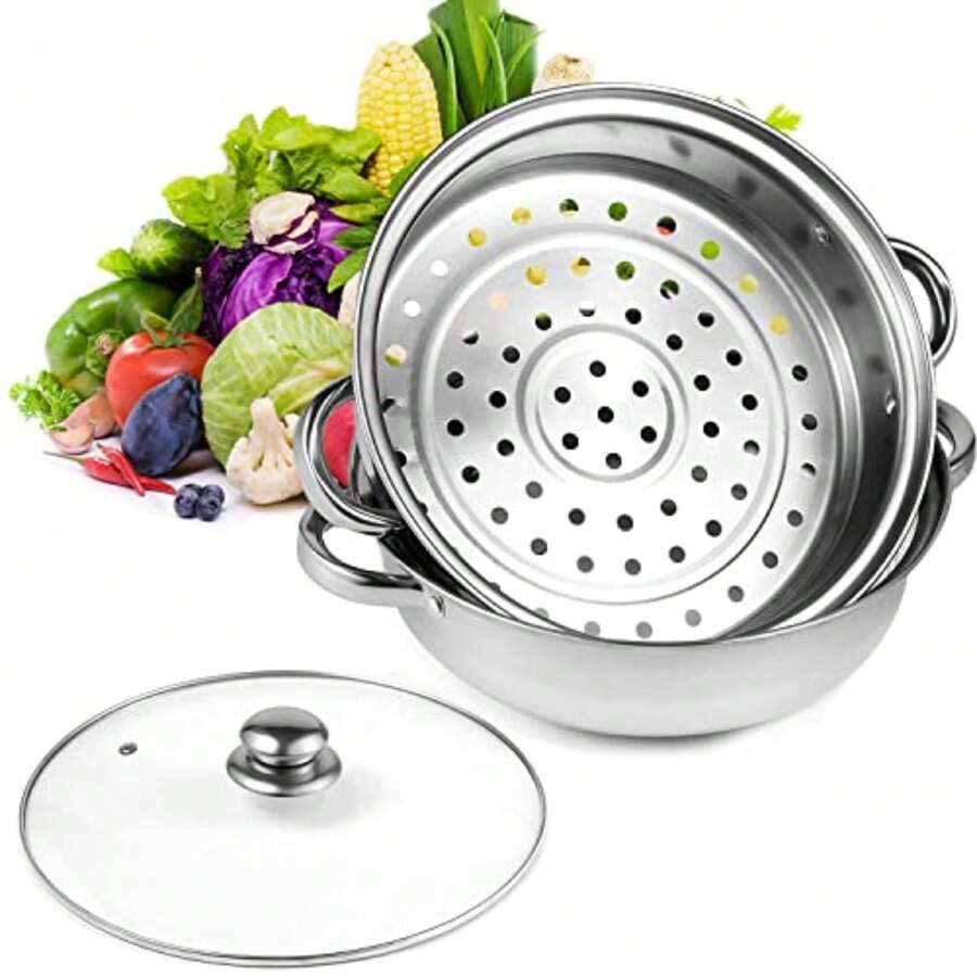 Olla de Vapor Acero Inoxidable, 28CM Juego Vaporizador Con Tapas Con Inserto de Vapor de 2 Cuartos - Ver 1