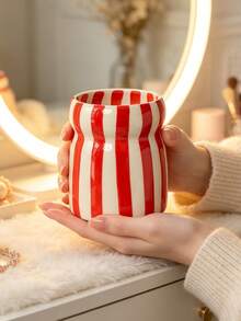 1pc Striped Ceramic Makeup Brush Holder, Cute Wavy Edge Makeup Brush Storage Cup, Multi-Color Vanity Desktop Organizer, Decorative Pen Holder, Home Bathroom Vanity Decor Storage Container - Multicolor - View 16
