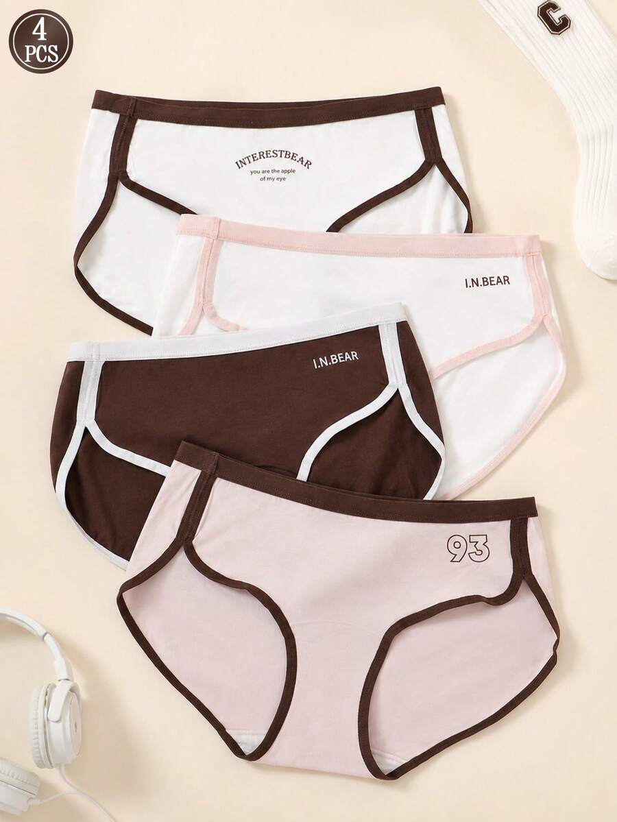 4 buah Celana Dalam Wanita Katun Lembut Model Hipster, Trim Warna Kontras dengan Cetakan Huruf, Celana Dalam Model Pinggang Sedang, Pakaian Dalam Wanita Nyaman untuk Sehari-hari (Paket Multipack) - MultiWarna - View 1