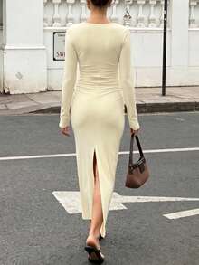 Women's Solid V-Neck Long Sleeve Ruched Side Slit Long Dress Sexy Elegant Slim Fit Evening Dress Party Prom Date Clothes - Yellow - View 6