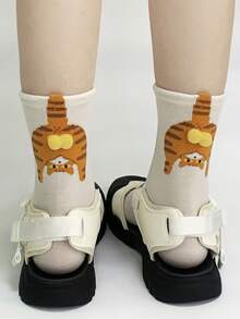 4 Pairs Random Style Women's Cute Mid-Calf Socks, 3D Pom Pom Cat Butt Design, Fun Casual Cartoon Cat Tail Print Mid-Calf Socks - Multicolor - View 7