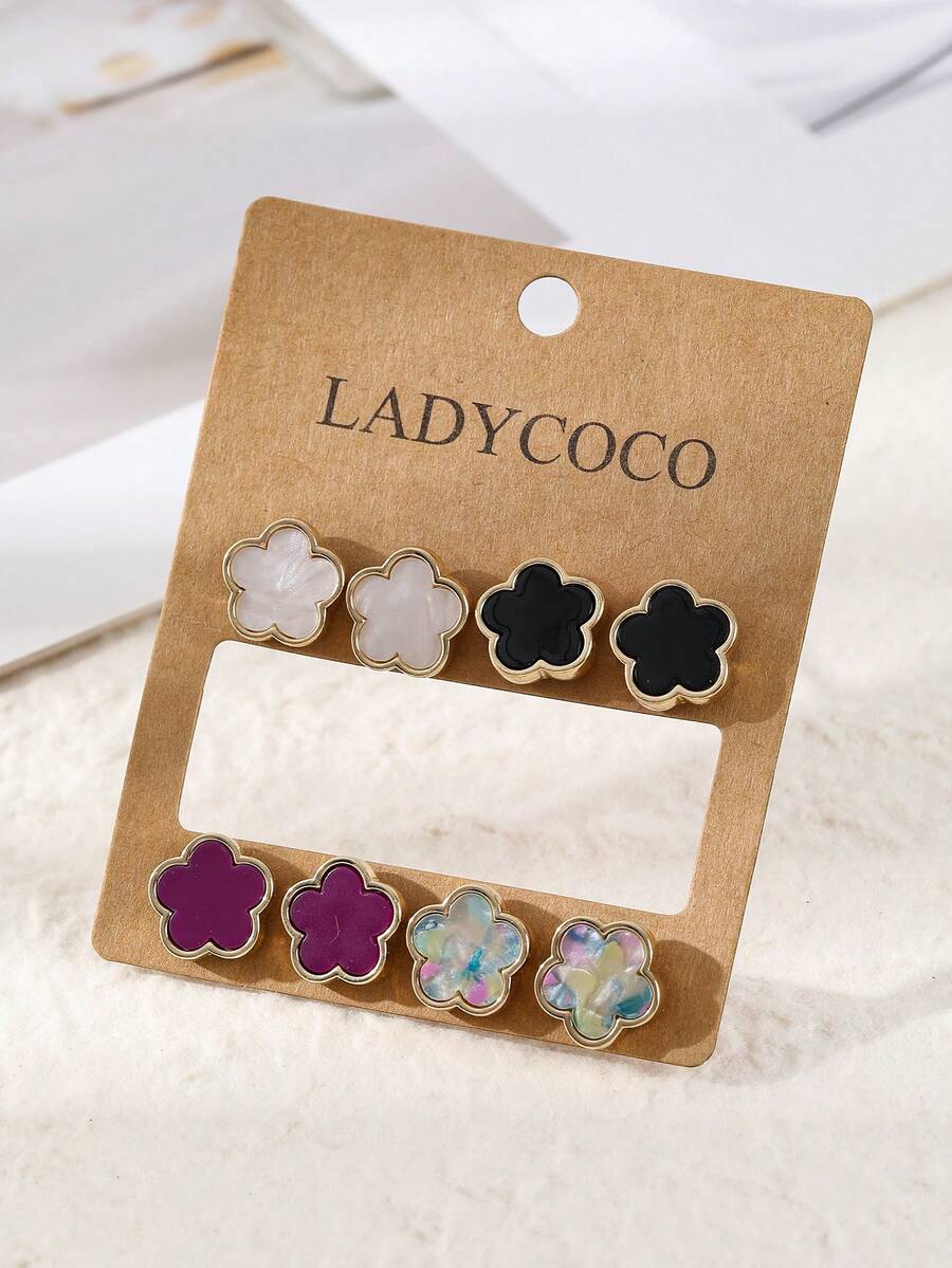 LADYCOCO 4對時尚奢華幸運四葉草女款耳環套組，適合日常百搭耳釘