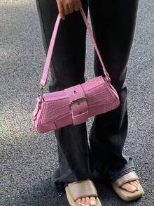 Korean Niche Design Ins Commuter Daily Outing Shopping Sweet Cool Hot Girl Fashionable Modern Metal Chain Shoulder Handbag Vintage Underarm Bag Baguette Bag - Pink - View 4