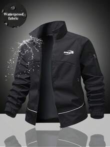 Jaket Pria Kerah Tegak dengan Resleting, Desain Saku Resleting dengan Dekorasi Garis, Pakaian Luar Lengan Panjang Minimalis dengan Manset - Hitam - View 1