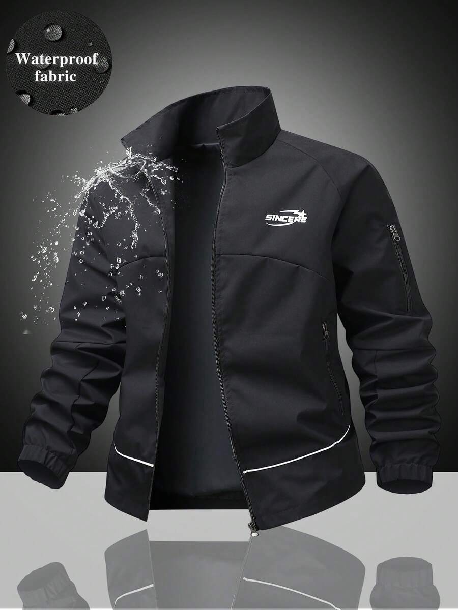 Jaket Pria Kerah Tegak dengan Resleting, Desain Saku Resleting dengan Dekorasi Garis, Pakaian Luar Lengan Panjang Minimalis dengan Manset - Hitam - View 1