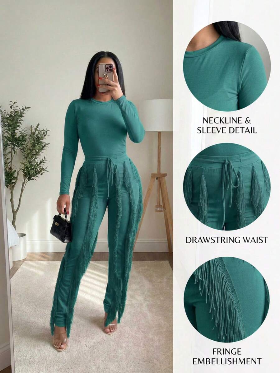 CALEBGAR Women's 2 Piece Lounge Set Long Sleeve Fringe Top & Athletic Pants Fall Winter Casual Dance Outfit - 綠色 - 查看 1