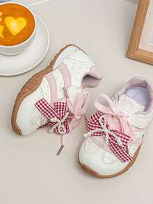 1 Pair Girls' Gentle Style Casual Shoes, Delicate Plaid Bow, Suitable For School Activities And Family Outings - Pink - View 4