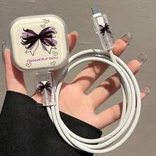 Kompatibel dengan Casing Pelindung Charger Apple 18/20W, Kabel Data Anti Jatuh Anti Pecah Bahan TPU Tahan Aus, Pelindung Berkualitas Tinggi, Motif Katak Lucu dan Motif Bunga Hitam/Pola Pita Ungu Hitam/Pola Hati Berwarna-warni/Pola Hati Pelangi, Set Kombinasi 3 Bagian - MultiWarna - View 10