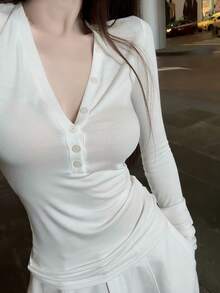 女款修身貼身透氣柔軟長袖上衣，秋冬白色 - 白色 - 查看 3