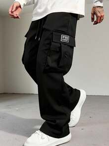 Men's Black Plus Size Wide Leg Cargo Pants, FS Letter Patch Large Side Pockets Drawstring Loose Lightweight Streetwear Long Pants Sports Fall - Black - View 1