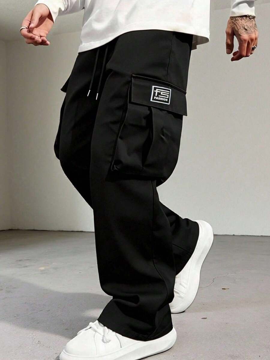 Men's Black Plus Size Wide Leg Cargo Pants, FS Letter Patch Large Side Pockets Drawstring Loose Lightweight Streetwear Long Pants Sports Fall - Black - View 1