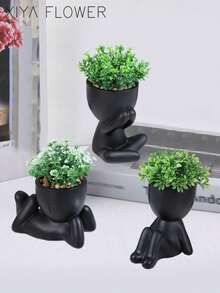 1/3pcs Artificial Succulent Plants, Single Small Human-Shaped Succulent Potted Plant, 3 Styles Available, Black Pot, Cartoon Design, PP Material, PE Material, Green, Desktop Decoration, Home Decor, Garden Decoration, School, Valentine's Day Gift, Dorm, Office Decoration - Black - View 3