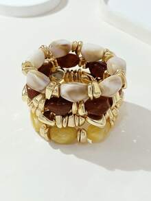 4pcs/Set Fashion Vintage Exaggerated Bohemian Thick Multi-Layer Multi-Color Acrylic Beaded Bracelet Gold Crushed Stone Style Bracelet For Women - Multicolor - View 5