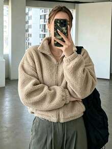 女款優雅秋冬拉鍊羊毛短夾克，時尚春夏新款純色泰迪夾克，休閒戶外上衣，情侶夾克，寬鬆長袖街頭風，健身穿搭，度假，返校，派對穿搭 - 駝色 - 查看 6
