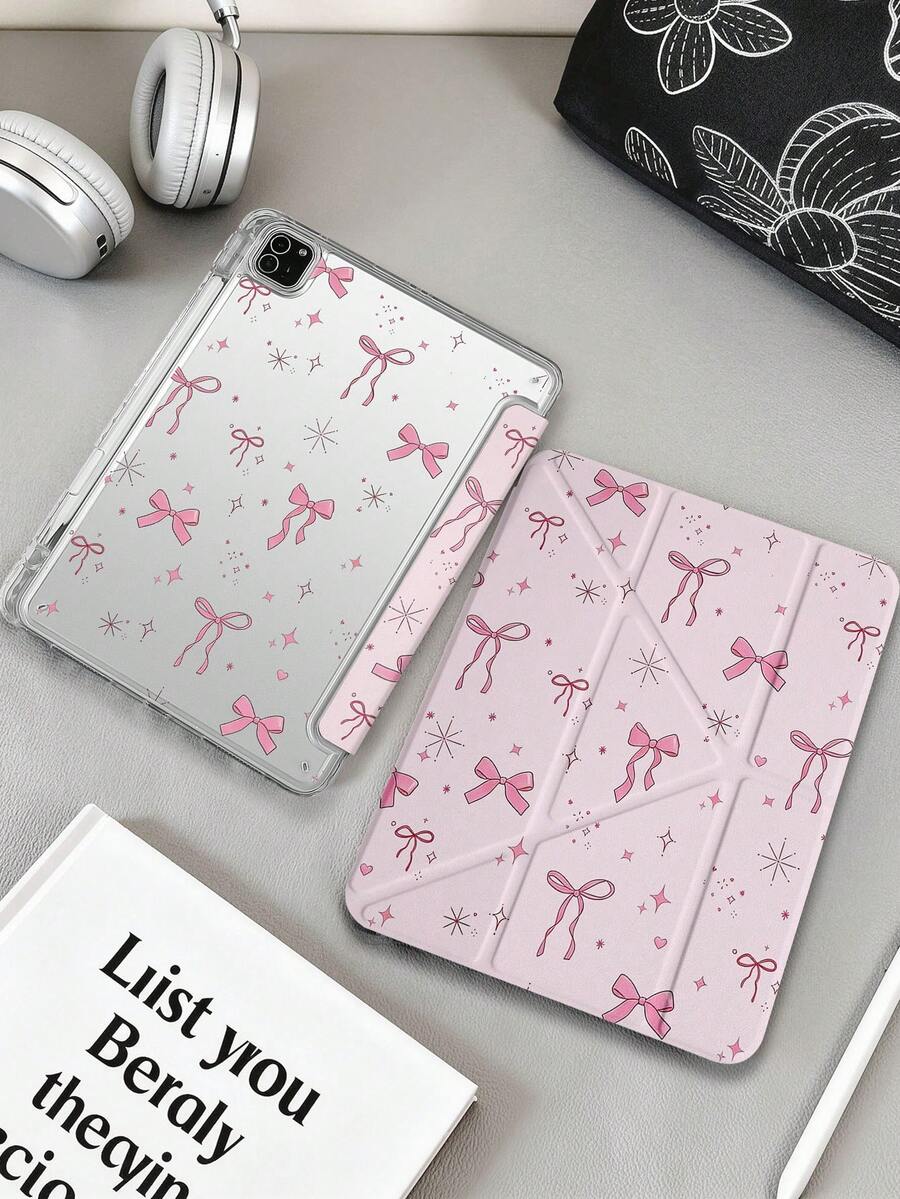 1件 粉色蝴蝶結星星愛心平板保護殼,適用於 iPad Mini6/7/Air/Air2/9.7/10.2/10.5/10.9 (Air4-Air8)/Pro 11/10th Gen/A16/Pro 11 2024,雙面彩繪圖案,透明壓克力背殼,絲綢質感 8 折支架,自動休眠/喚醒,內置筆槽,不含筆,部分機型附相機框 - 彩色 - 查看 1