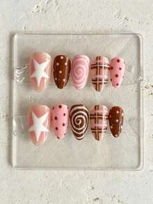 10Pcs Y2K Pink Brown Star Grid Press On Nails,Almond Reusable Handmade False Nails With Gradient Base Swirl Polka Dot Hand Drawn Design,Ins Cute Sweet Girl Nail Art For Back To School Daily Dating Manicure Decor - Multicolor - View 1