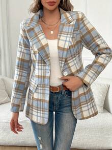 Women's Blue & Brown Plaid Blazer, Long Sleeve Single Button Loose Fit, Polyester Material, Suitable For Autumn Wear, Autumn/Winter Casual Jacket, Autumn/Winter Overcoat - Blue Grid - View 4