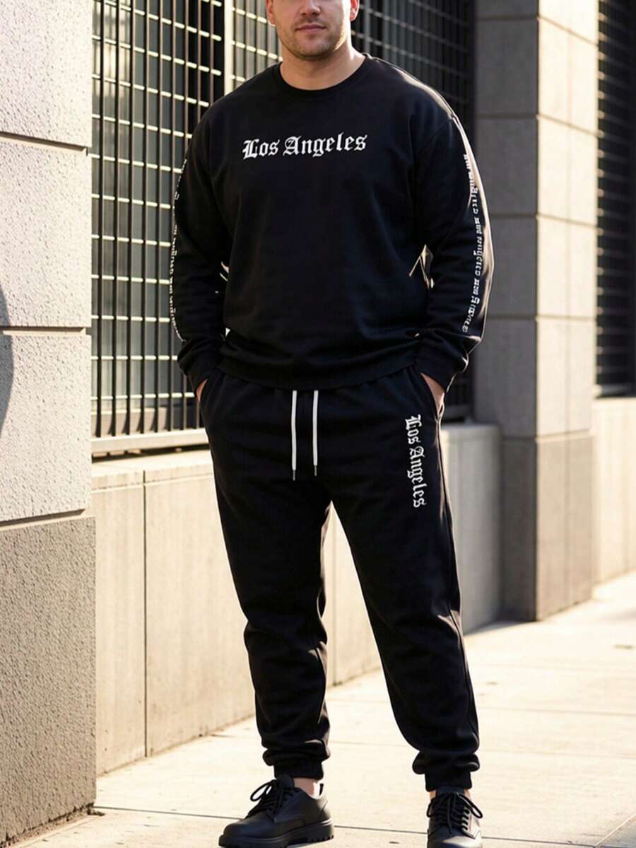 Men's Autumn/Winter Casual Comfortable Letter Print Crew Neck Sweatshirt & Sweatpants Set - Black - View 1