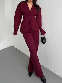 Women's Elegant Suit Jacket And Pants Set, Slim Fit V-Neck Petal Sleeve Single Button Blazer, Solid Color Straight Leg Pants, Casual Button - Burgundy - View 5