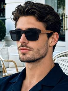 Wood Grain Retro Rectangular Plastic Aviator Glasses, Classic Fashion Outdoor Beach Casual Glasses, Summer UV Protection Driving Eyewear Unisex - Black - View 1
