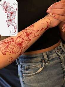 2pcs Lily Temporary Tattoo Sticker Set, Black & Gray And Red Gradient Sketch Floral Vine Body Tattoos, Waterproof Long-Lasting Large Size Arm & Shoulder Tattoos, Suitable For Women, Holiday, Halloween Party, Cosplay - Multicolor - View 2