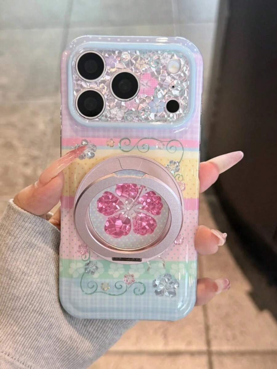 Fusang Flower 17/17 Pro/17 Pro Max/16/16 Pro Max Silicone Phone Case, New Anti-Drop Full Coverage Protective Soft Cover With Rotating Kickstand, Niche Premium Style For Women - Pink - View 1