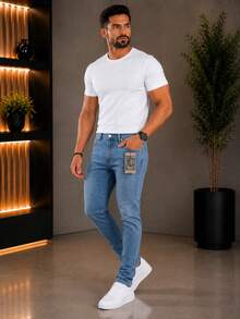 calça  jeans masculina larga clara - Azul escuro - Visão 4