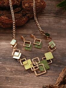 Cring Coco Set Perhiasan Geometris Persegi Enamel Hijau Gradien 4 Buah, Kalung Rantai Statement, Anting-Anting Gantung, Gelang Manset, Aksesoris Bertekstur untuk Wanita - Geometri 1 - View 2