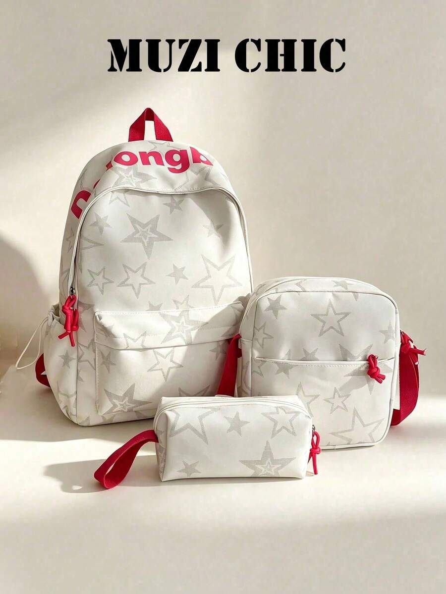 Star Pattern Lightweight Fabric Zipper Closure Multi-Layer Storage Backpack Set, Energetic INS Style Bag Combo For Middle School, High School
