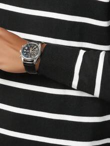 Men's Striped Crew Neck Long Sleeve T-Shirt, Vintage Collegiate Style Casual Pullover - Black - View 7