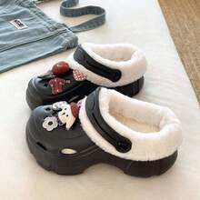 Autumn/Winter New Cute Cartoon Plush Lined Clog Shoes EVA Lightweight Soft Sole Home Outdoor Versatile Commute Warm Plush Slippers - Black - View 4