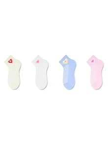 ZUJO 4 Pairs Women's Candy Color Short Socks, Heart Pattern, Suitable For Daily Wear, All Season, Simple And Comfortable, Random Colors - Multicolor - View 5