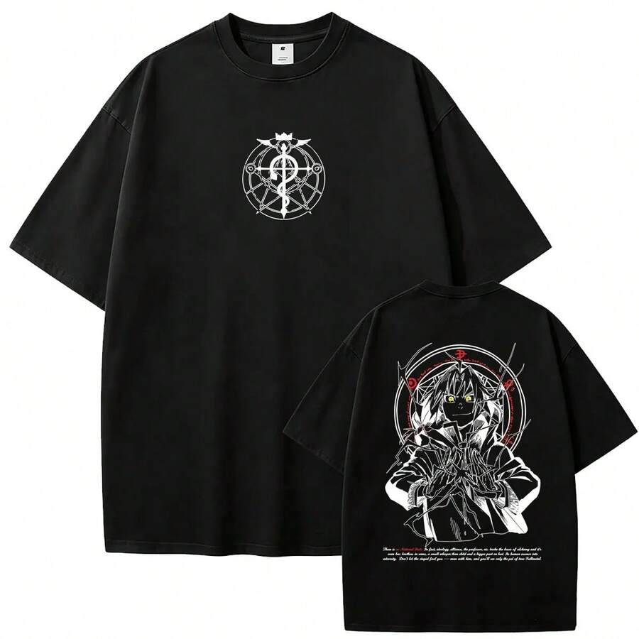 Fullmetal Alchemist T-Shirt With Edward Elric Design, Summer Unisex Casual Soft Cotton T-Shirt Top. - Black - View 1