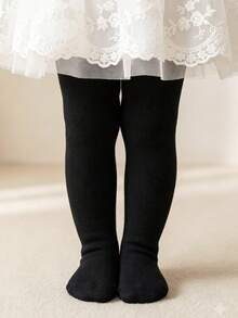 1雙嬰兒幼兒純色兒童褲襪，百搭簡約風格女嬰褲襪 - 黑色 - 查看 9