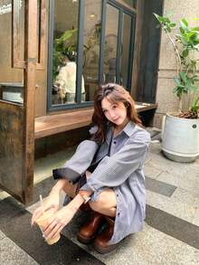 New Women's Spring/Summer Vertical Striped Shacket, Niche Design Loose Fit Blouse, Korean Style Vintage Long Sleeve Top - Black - View 9