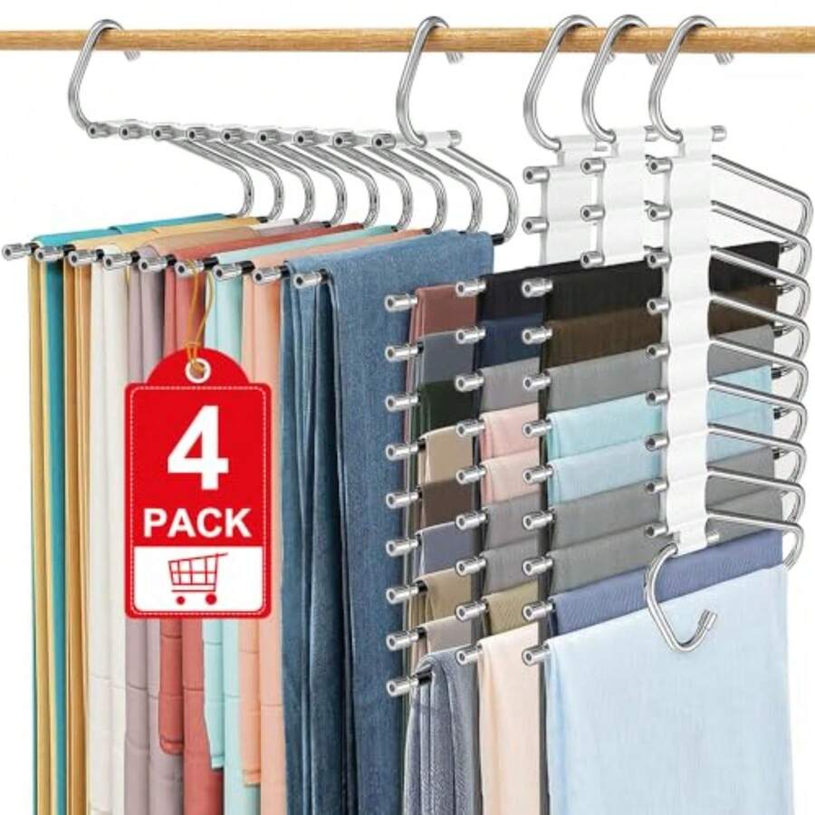 Perchas Multifuncionales Tipo S de 9 Niveles, Acero Inoxidable, Plegables y Antideslizantes, Ahorro de Espacio, Organizador para Pantalones, Faldas y Bufandas 4 Pack - Multicolor - Ver 1