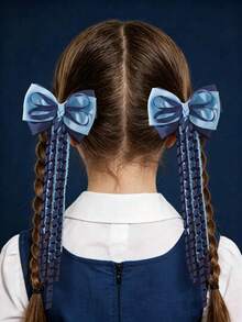 4/2pcs Double Layer Contrast Color Bow Hair Clips With Curly Tassel Satin Ribbon, Sweet Cute Bow Hair Clips For Girls, Daily Party COS Styling Hair Accessories, Back To School Gift For Kids - Mixed color - View 2