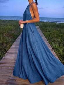 Women's Halter Neck Sleeveless Long Dress With Pockets, Elegant Backless Dress For Date And Evening Party Summer - Blue - View 4