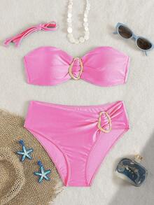 Women's Solid Color Flat Chest Hanging Neck Bikini Two Pieces Set, With Metal Accessories In The Middle, Suitable For Island Vacation - Pink - View 2