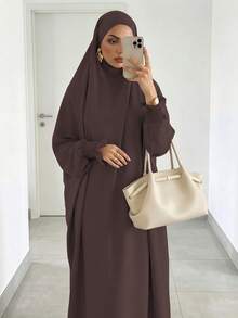 Solid Color Loose One-Piece Hijab Long Robe, Elastic Ribbed Cuffs Wide Sleeve Elegant Jilbab Robe, Muslim Women Daily Prayer Casual Outfit - Multicolor - View 17